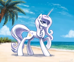 Size: 1200x1000 | Tagged: safe, artist:kp-shadowsquirrel, character:fleur-de-lis, species:pony, species:unicorn, beach, bedroom eyes, cloud, female, looking at you, mare, sand, sky, smiling, solo, water