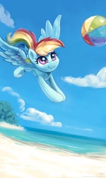 Size: 1200x2000 | Tagged: safe, artist:kp-shadowsquirrel, character:rainbow dash, species:pegasus, species:pony, ball, beach, beach ball, cloud, female, mare, nudity, sand, sky, smiling, solo, water