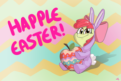 Size: 2400x1600 | Tagged: safe, artist:docwario, character:apple bloom, apple, bunny bloom, bunny costume, clothing, easter, female, solo, text