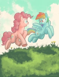 Size: 720x936 | Tagged: safe, artist:docwario, character:pinkie pie, character:rainbow dash, species:earth pony, species:pegasus, species:pony, duo, female, flying, grass, happy, jumping, looking at each other, mare, running