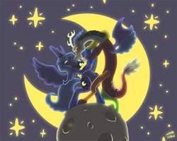 Size: 1500x1200 | Tagged: safe, artist:docwario, character:discord, character:princess luna, species:alicorn, species:draconequus, species:pony, ship:lunacord, dancing, female, male, moon, s1 luna, shipping, straight