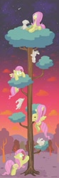 Size: 700x2100 | Tagged: safe, artist:docwario, character:angel bunny, character:fluttershy, species:pegasus, species:pony, duo, female, mare, night, pet, sitting, sitting in a tree, stars, tree