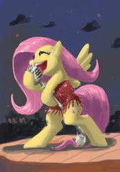 Size: 1050x1496 | Tagged: safe, artist:docwario, character:fluttershy, species:pegasus, species:pony, clothing, dress, eyes closed, female, jazz, singing, solo focus