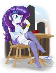 Size: 2305x3000 | Tagged: safe, artist:danmakuman, edit, character:rarity, my little pony:equestria girls, cafe, clothing, coffee, colored pupils, cute, female, missing shoes, raribetes, socks, solo, stockings, thigh highs
