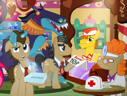 Size: 1200x900 | Tagged: safe, artist:pixelkitties, character:ahuizotl, character:carrot cake, character:doctor muffin top, character:doctor whooves, character:filthy rich, character:time turner, species:earth pony, species:pony, brian drummond, doctor who, pixelkitties' brilliant autograph media artwork, sonic screwdriver, sugarcube corner, the doctor, voice actor joke