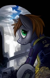 Size: 792x1224 | Tagged: safe, artist:hobbes-maxwell, oc, oc only, oc:littlepip, species:pony, species:unicorn, fallout equestria, clothing, fanfic, fanfic art, female, horn, mare, ruins, solo, teeth, vault suit, wasteland