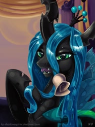 Size: 900x1200 | Tagged: safe, artist:kp-shadowsquirrel, character:queen chrysalis, species:changeling, beautiful, bedroom eyes, bust, changeling queen, fangs, female, flower in mouth, mouth hold, phone wallpaper, raised hoof, rose, rose in mouth, seductive, sexy, signature, solo, standing, tongue out