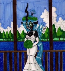 Size: 1618x1764 | Tagged: safe, artist:newyorkx3, character:queen chrysalis, species:anthro, blushing, breasts, bride, busty queen chrysalis, cleavage, clothing, dress, eyeshadow, female, green eyeshadow, makeup, solo, traditional art, wedding dress
