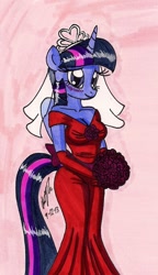 Size: 844x1464 | Tagged: safe, artist:newyorkx3, character:twilight sparkle, character:twilight sparkle (alicorn), species:alicorn, species:anthro, blushing, breasts, bride, cleavage, clothing, dress, female, flower, gown, implied flashlight, implied shipping, implied straight, solo, traditional art, wedding dress