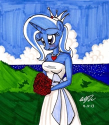 Size: 1118x1285 | Tagged: safe, artist:newyorkx3, character:trixie, species:anthro, blushing, bride, clothing, dress, female, solo, traditional art, wedding dress