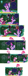 Size: 1423x3774 | Tagged: safe, artist:frist44, character:cheerilee, character:pinkie pie, character:twilight sparkle, character:twilight sparkle (alicorn), species:alicorn, species:pony, blep, chalk, chalkboard, cheerilee-s-chalkboard, comic, eraser, fourth wall, levitation, pinkie sense, prank, telekinesis, tongue out