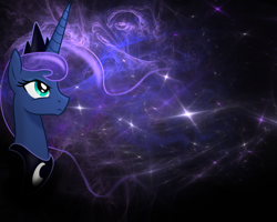 Size: 1280x1024 | Tagged: safe, artist:kp-shadowsquirrel, artist:spier17, character:princess luna, species:alicorn, species:pony, black background, bust, female, fractal, frown, glare, horn, jewelry, mare, portrait, profile, regalia, serious, simple background, solo, sparkles, stars, tiara