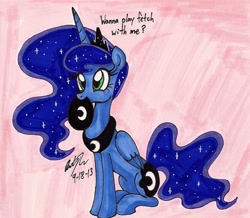 Size: 1280x1116 | Tagged: safe, artist:newyorkx3, character:princess luna, behaving like a dog, cute, doggy luna, female, fetch, frisbee, lunabetes, mouth hold, sitting, smiling, solo, traditional art