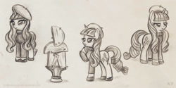 Size: 1000x500 | Tagged: safe, artist:kp-shadowsquirrel, character:rarity, species:pony, species:unicorn, episode:sweet and elite, g4, my little pony: friendship is magic, beatnik rarity, beret, black and white, clothing, female, grayscale, hat, mare, modern art, monochrome, sketch, sketch dump, solo, table, traditional art