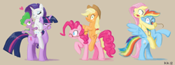 Size: 1280x480 | Tagged: safe, artist:king-kakapo, character:applejack, character:fluttershy, character:pinkie pie, character:rainbow dash, character:rarity, character:spike, character:twilight sparkle, ship:sparity, bridle, female, male, mane seven, mane six, ponies riding ponies, rearing, straight