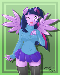 Size: 2000x2500 | Tagged: safe, artist:danmakuman, character:twilight sparkle, character:twilight sparkle (alicorn), species:alicorn, species:anthro, clothing, female, skirt, solo, sweater, thigh highs, wink