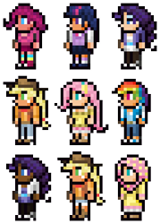 Size: 318x444 | Tagged: safe, artist:king-kakapo, character:applejack, character:fluttershy, character:pinkie pie, character:rainbow dash, character:rarity, character:twilight sparkle, species:human, dark skin, expy, humanized, light skin, lowres, mod, moderate dark skin, party girl, pixel art, pony cameo, pony reference, simple background, sprite, terraria, transparent background
