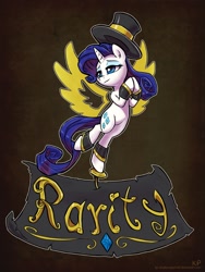 Size: 900x1200 | Tagged: safe, artist:kp-shadowsquirrel, character:rarity, species:pony, bipedal, clothing, cuffs (clothes), dapper, female, hat, old banner, shading, solo, spats, top hat, wings