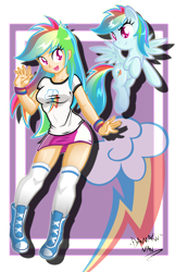 Size: 1600x2480 | Tagged: safe, artist:danmakuman, character:rainbow dash, species:human, species:pegasus, species:pony, boots, clothing, female, human ponidox, humanized, light skin, mare, miniskirt, open mouth, ponidox, shirt, skirt, smiling, thigh highs