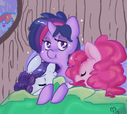 Size: 500x448 | Tagged: safe, artist:mt, character:pinkie pie, character:rainbow dash, character:rarity, character:twilight sparkle, species:pony, ship:rarilight, ship:raripie, ship:twinkie, alternate hairstyle, bed, cute, diapinkes, eyes closed, female, lesbian, looking at you, mare, polyamory, rarilightpie, shipping, sleeping, sleepover, spying