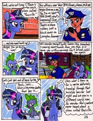 Size: 1280x1670 | Tagged: safe, artist:newyorkx3, character:spike, character:twilight sparkle, character:twilight sparkle (alicorn), species:alicorn, species:human, species:pony, comic:twilight and the big city, comic, dialogue, female, mare, police, police officer, riding, saddle bag, speech bubble, thought bubble, traditional art