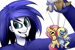 Size: 1024x683 | Tagged: safe, artist:extradan, character:derpy hooves, character:fluttershy, oc, oc:jerky hooves, species:human, extradan, flutterbot, marionette, puppet