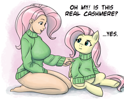 Size: 1500x1196 | Tagged: safe, artist:king-kakapo, artist:megasweet, character:fluttershy, species:human, barefoot, bottomless, breasts, busty fluttershy, cashmere, clothing, colored, feet, female, human ponidox, humanized, oh my, ponidox, sweater, sweatershy