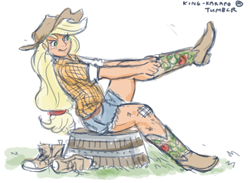 Size: 1100x803 | Tagged: safe, artist:king-kakapo, character:applejack, species:human, 30 minute art challenge, bandage, boots, clothing, dressing, female, humanized, shoes, sitting, solo