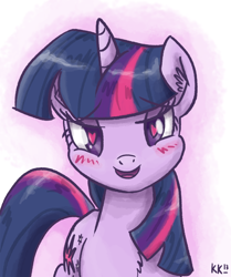 Size: 836x1000 | Tagged: safe, artist:king-kakapo, character:twilight sparkle, bedroom eyes, chest fluff, female, heart, looking at you, love face, smiling, solo, wingding eyes