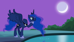 Size: 1434x819 | Tagged: dead source, safe, artist:parclytaxel, character:princess luna, species:alicorn, species:pony, cave, cave pool, crescent moon, female, headless, headless horse, hoof hold, luna module, mare, mirror pool, modular, moon, night, pond, reflection, ripple, sky, smiling, solo, spread wings, stars, svg, vector, wat, water, wings