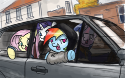Size: 800x501 | Tagged: safe, artist:king-kakapo, character:fluttershy, character:rainbow dash, character:rarity, character:twilight sparkle, car, clothing, golf, hoodie, ponified, volkswagen