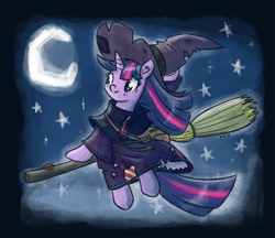 Size: 1100x951 | Tagged: safe, artist:king-kakapo, character:twilight sparkle, broom, clothing, crescent moon, female, flying, flying broomstick, hat, moon, night, night sky, sitting, smiling, solo, stars, witch, witch hat