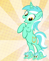 Size: 885x1100 | Tagged: safe, artist:pixelkitties, character:lyra heartstrings, species:pony, species:unicorn, bipedal, clothing, cute, female, grin, looking at you, lyra doing lyra things, lyra plushie, lyrabetes, plothole plush lyra, plushie, rearing, simple background, slippers, smiling, solo, sunburst background