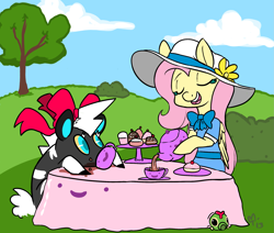Size: 2263x1919 | Tagged: safe, artist:mt, character:fluttershy, blitzle, caterpie, clothing, crossover, drink, food, messy, outdoors, pokémon, table, tea party