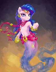 Size: 1750x2250 | Tagged: safe, artist:kp-shadowsquirrel, character:amira, g4, armband, armpits, belly button, bracelet, clothing, earring, genie, headdress, saddle arabian, shoes, solo, waistband