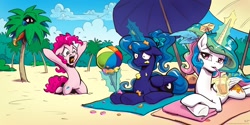 Size: 2000x1000 | Tagged: safe, artist:kp-shadowsquirrel, artist:kp-shadowsquirrel edits, character:pinkie pie, character:princess celestia, character:princess luna, character:rainbow dash, species:alicorn, species:earth pony, species:pegasus, species:pony, alternate hairstyle, beach, beach ball, big no, blue feather, cloud, cup, drink, drinking, feather, female, floppy ears, hiding, ice cream, ice cream cone, magic, mare, missing accessory, palm tree, ponytail, royal sisters, sand, sky, straw, telekinesis, tree, umbrella, unhappy, wide eyes