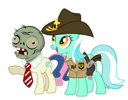 Size: 800x626 | Tagged: safe, artist:pixelkitties, character:bon bon, character:lyra heartstrings, character:sweetie drops, clothing, costume, gun, halloween, hat, mask, nightmare night, plants vs zombies, revolver, rick grimes, sheriff, simple background, the walking dead, transparent background, zombie