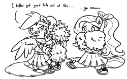 Size: 1000x627 | Tagged: safe, artist:king-kakapo, character:fluttershy, character:rainbow dash, alternate hairstyle, angry, black and white, bow, cheerleader, clothing, dialogue, ear fluff, embarrassed, flailing, fluffy, grayscale, gritted teeth, headband, lineart, lip bite, monochrome, pom pom, ponytail, scared, shoes, sitting, spread wings, wings