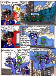 Size: 771x1037 | Tagged: safe, artist:newyorkx3, character:spike, character:twilight sparkle, character:twilight sparkle (alicorn), non-mlp oc, oc, oc:tommy, self insert, species:alicorn, species:human, species:pony, comic:twilight and the big city, comic, female, mare, traditional art