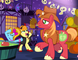 Size: 900x695 | Tagged: safe, artist:pixelkitties, character:big mcintosh, character:carrot top, character:golden harvest, character:turf, species:earth pony, species:pony, apple bobbing, candy apple (food), clothing, costume, cowboy, demon, female, halloween, holiday, male, mare, nightmare night, pixelkitties' brilliant autograph media artwork, pumpkin, stallion, swoon