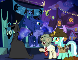 Size: 900x695 | Tagged: safe, artist:pixelkitties, character:bon bon, character:lyra heartstrings, character:princess luna, character:queen chrysalis, character:sweetie drops, species:pony, blame my sister, clothing, costume, halloween, holiday, magic shirt, nightmare night, pixelkitties' brilliant autograph media artwork, plants vs zombies, the walking dead, zombie