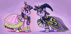 Size: 1280x615 | Tagged: safe, artist:king-kakapo, character:twilight sparkle, character:twilight sparkle (alicorn), species:alicorn, species:pony, alternate universe, big crown thingy, clothing, colored, dress, ear fluff, earring, element of magic, female, frown, glare, hat, mare, multiverse, ponidox, raised hoof, scene interpretation, self ponidox, smiling, standing, twiface, unamused, wizard, wizard hat