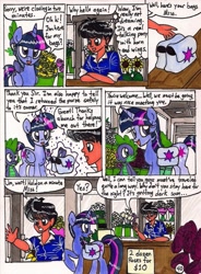 Size: 767x1040 | Tagged: safe, artist:newyorkx3, character:spike, character:twilight sparkle, character:twilight sparkle (alicorn), non-mlp oc, oc, oc:tommy, self insert, species:alicorn, species:human, species:pony, comic:twilight and the big city, comic, female, mare, traditional art