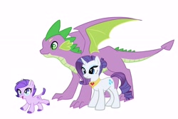 Size: 4500x3000 | Tagged: safe, artist:kianamai, character:rarity, character:spike, oc, oc:crystal clarity, parent:rarity, parent:spike, parents:sparity, species:dracony, species:pony, species:unicorn, kilalaverse, ship:sparity, female, fire ruby, hair bun, interspecies offspring, male, mare, next generation, offspring, quadrupedal spike, shipping, simple background, straight, trio, white background, winged spike