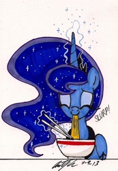 Size: 706x1020 | Tagged: safe, artist:newyorkx3, character:princess luna, bowl, cute, eyes closed, female, magic, noodles, ramen, simple background, smiling, solo, traditional art