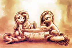 Size: 1200x800 | Tagged: safe, artist:kp-shadowsquirrel, character:fluttershy, character:pinkamena diane pie, character:pinkie pie, drink, duo, emo, emoshy, lidded eyes, monochrome, raised hoof, sitting, straw, table, tea party