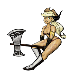 Size: 1389x1444 | Tagged: safe, artist:king-kakapo, artist:php52, character:applejack, species:human, axe, bikini, clothing, colored, cosplay, dragon's crown, female, humanized, light skin, simple background, solo, swimsuit, weapon