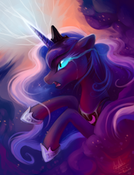 Size: 792x1037 | Tagged: safe, artist:hioshiru, character:princess luna, species:pony, corrupted, crying, dark magic, female, glowing eyes, magic, mare, open mouth, solo, sombra eyes