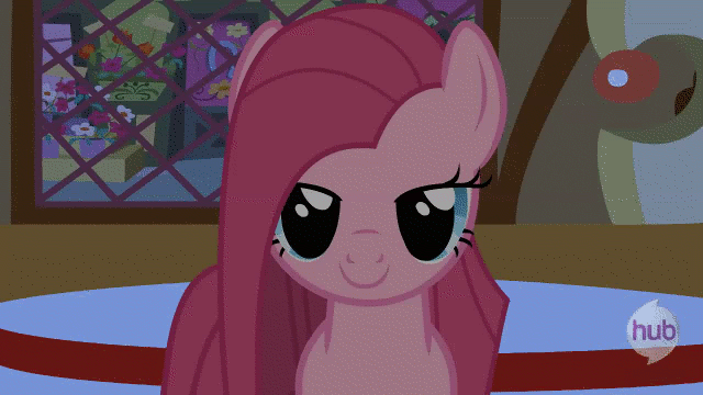 Size: 640x360 | Tagged: safe, artist:wubcakeva, character:pinkamena diane pie, character:pinkie pie, animated, female, floppy ears, indoors, looking at you, seductive, solo, sugarcube corner, talking, youtube link