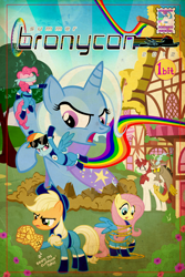 Size: 800x1200 | Tagged: safe, artist:pixelkitties, character:applejack, character:discord, character:fluttershy, character:pinkie pie, character:rainbow dash, character:trixie, oc, oc:fausticorn, species:alicorn, species:pony, alicorn oc, blindfold, fantastic four, lauren faust, sunglasses, tangled up